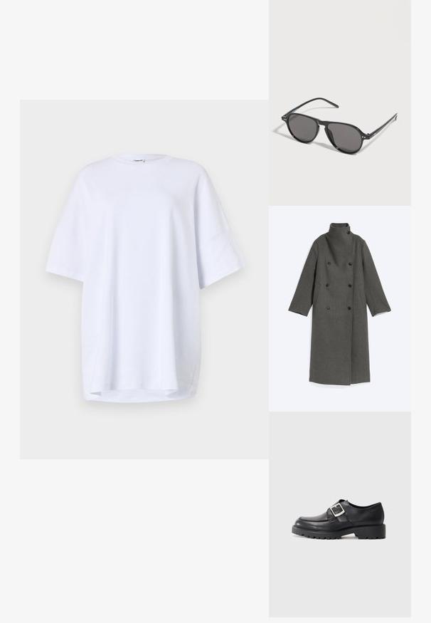 Langer dunkelgrauer Wollmantel mit hohem Kragen, doppelreihigem Knopfverschluss und zwei Seitentaschen, flach auf hellem Hintergrund liegend.; Oversized, kurzärmliges weißes T-Shirt aus Baumwolle. Runder Halsausschnitt, Seitenschlitze am Saum und glatte Textur ohne sichtbare Muster oder Akzente.; Schwarze Lederschuhe mit einer abgerundeten Spitze, ausgestattet mit einem seitlichen Schnallen-Detail und einer dicken, robusten Sohle. Glatte Textur mit minimalen Nähten.; Schwarze Sonnenbrille mit rundem Rahmen und dunkel getönten Gläsern, die auf einer weißen Oberfläche liegt und leicht nach rechts geneigt ist.