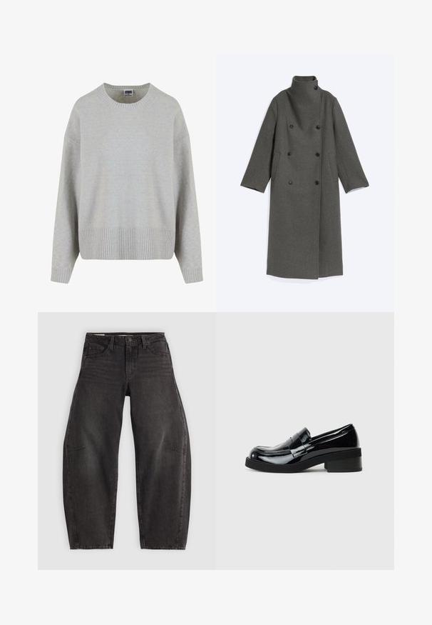 Abrigo largo de lana gris oscuro con cuello alto, cierre de doble botonadura y dos bolsillos laterales, colocado plano sobre un fondo claro.; Suéter de punto gris claro con cuello redondo, hombros caídos y dobladillo acanalado. Textura suave y corte relajado.; Jeans de mezclilla negra con un corte relajado, que cuentan con cinco bolsillos, cierre de botón y un ligero desgastado. La tela tiene una textura suave y resistente.; Mocasines negros de charol con puntera redonda, tacón bajo y un acabado suave y brillante. Presentan una tira decorativa en la parte frontal.
