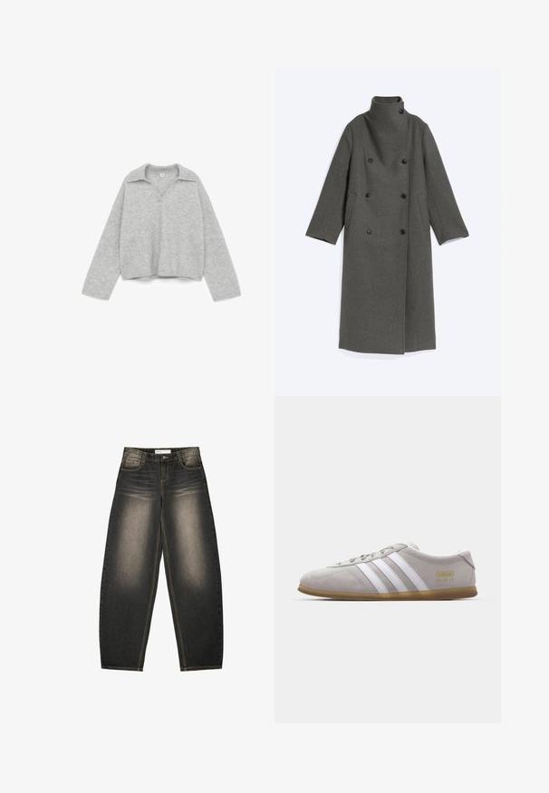 Long manteau en laine gris foncé avec col montant, fermeture croisée à double boutonnage et deux poches latérales, posé à plat sur un fond clair.; Pull en tricot gris avec un décolleté en V, des manches longues et un col. La texture est douce, fabriquée en un matériau léger et duveteux.; Jeans en denim gris à jambes larges avec un léger délavage, cinq poches, des coutures en contraste et une coupe décontractée. Pas de motifs ou d'embellissements visibles.; Baskets en daim gris avec des rayures en cuir blanc et un logo doré. Semelle en gomme plate, bout rond et design classique à lacets.