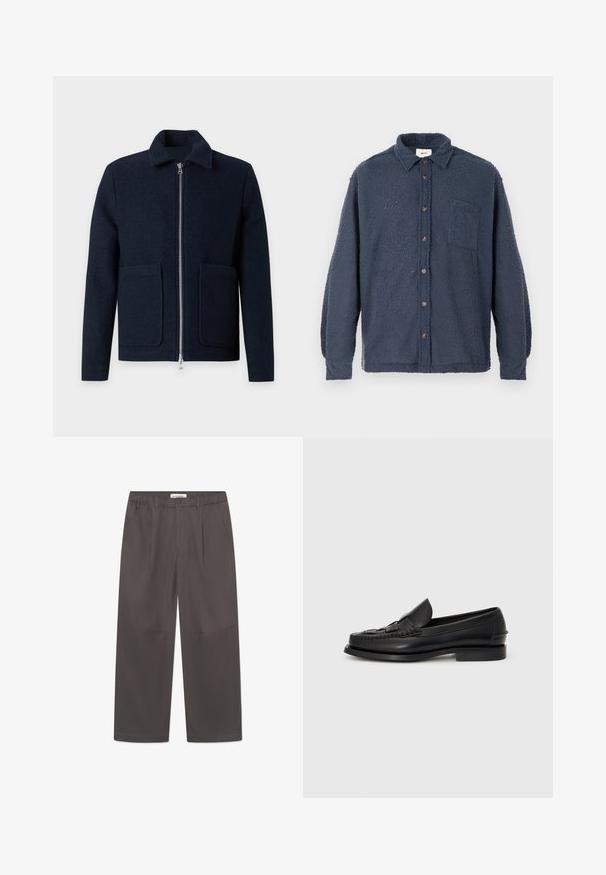 Marineblaue Wolljacke mit silbernem Frontreißverschluss, zwei großen Fronttaschen, langen Ärmeln und kleinem Kragen.; Marineblaues Fleecepullover mit strukturierter Oberfläche, Knopfleiste vorne, Kragen und Brusttasche. Verfügt über braune Knöpfe und lange Ärmel.; Graue, weite Hosen aus glattem Stoff, mit einem Knopfverschluss und zwei seitlichen Taschen. Einfaches, klares Design ohne sichtbare Muster.; Schwarze Lederloafer mit einem geflochtenen Detail auf der Vorderseite, runder Zehenpartie und niedrigem Absatz. Glatte Textur und minimalistisches Design.