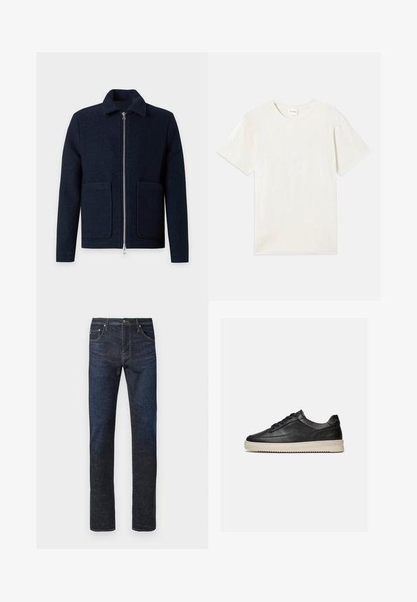 Veste en laine bleu marine avec une fermeture éclair argentée sur le devant, deux grandes poches avant, manches longues et petit col.; T-shirt à manches courtes, col rond en beige clair, texture en coton doux avec une coupe décontractée et sans motifs ni accents visibles.; Jean en denim droit bleu marine avec bouton frontal, couture visible et design à cinq poches sur fond blanc.; Baskets basses en cuir noir avec des lacets noirs et une semelle en caoutchouc épaisse de couleur crème, présentées sur un fond blanc.