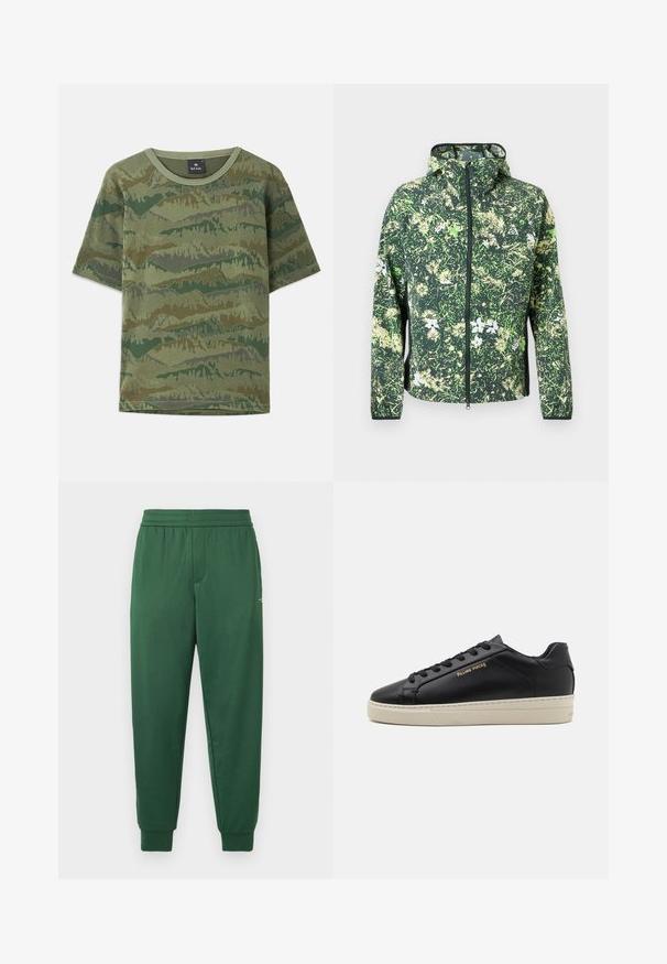 Grøn hættejakke med fuld lynlås og abstrakt blomsterkamuflage i lysegrønne, hvide og beige nuancer.; Grøn camouflage T-shirt lavet af bomuld. Korte ærmer, rund halsudskæring, med et lagdelt bjergmønster i varierende nuancer af grøn og brun.; Grønne sweatpants med et behageligt elastisk talje bånd, tapered ben og ribbede manchetter. Fremstillet af et glat, strækbart stof.; Sorte lædersneakers med en glat finish, kontrasterende cremefarvet sål, rund tå, guld logo på siden og seks huller til snørebånd.