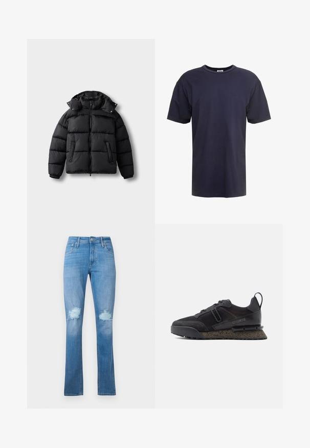 Sort puffer-jakke med lynlås foran, høj krave og trykknapper. Har vandrette quiltninger og to forlommer. Blødt, isoleret materiale.; Marineblå bomulds T-shirt med rund hals, korte ærmer og en afslappet pasform uden synlige mønstre eller hardware.; Lyseblå denim jeans med lige ben, med slidte knæ med frynser og klassisk femlomme-design.; Sorte sneakers med en kombination af mesh og ruskind, med en chunky sprættet sål og tykke snørebånd, der viser et moderne design.