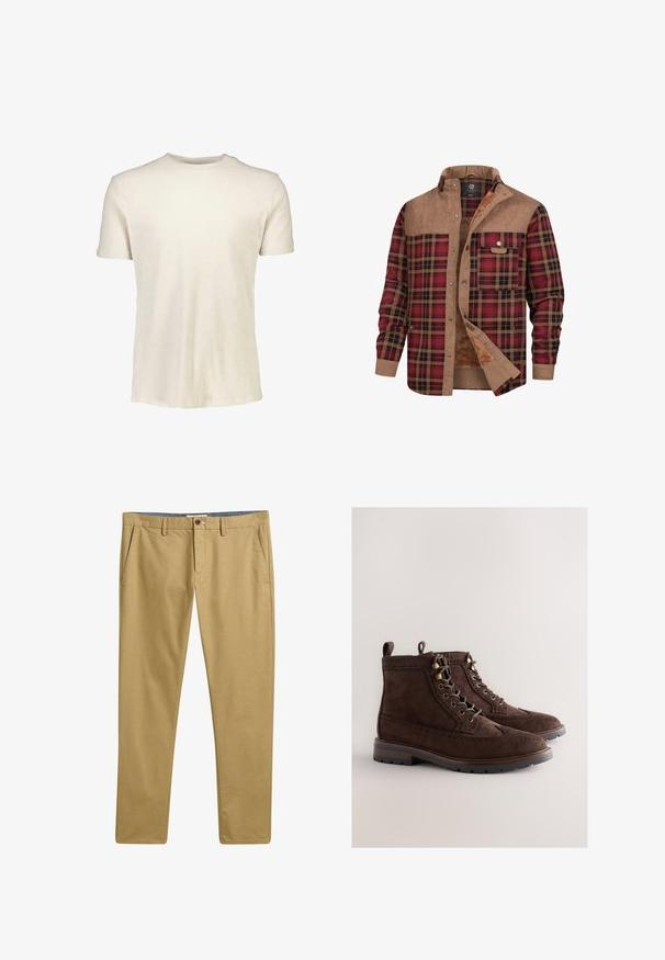 Chaqueta de camisa a cuadros en colores rojo, negro y marrón. Presenta una parte superior de pana y un forro suave. Incluye dos bolsillos frontales y cierres a presión.; Camiseta de manga corta en beige claro, hecha de algodón suave. Presenta un escote redondo y una textura lisa sin patrones ni gráficos.; Chinos caqui con una textura de tela suave, diseño de pierna recta, bolsillos frontales y cierre de botón. Cintura estructurada con trabillas para cinturón.; Botines marrones de ante con detalles de brogue, puntera redonda, ojales metálicos y suela de goma texturizada, con tacón pequeño y lengüeta para facilitar el calce.