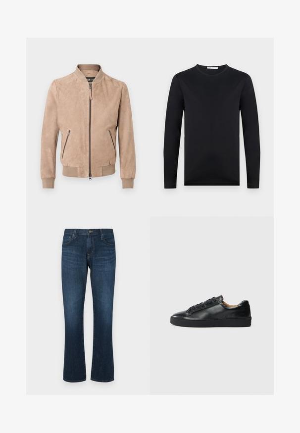 Beige ruskind bomberjakke med lynlåslukning foran, to lynlåslommer i siden, ribstrikkede manchetter og ribstrikket kant.; Sort langærmet T-shirt med rund hals og slank pasform, lavet af glat stof, vist mod en ensartet lys baggrund.; Mørkeblå denimjeans med lige ben-design, fem lommer og metalknap-lukning. Glat tekstur med subtil falming.; Sorte lædersneakers med en glat overflade, rund tå og snørebåndslukning. Har en tyk gummisål og minimal branddetalje.