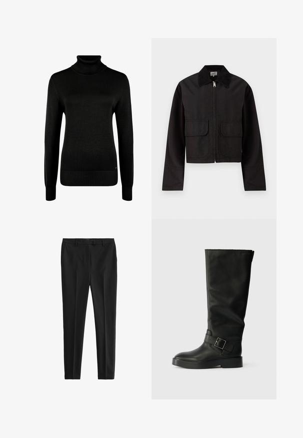 Chaqueta negra corta con cremallera frontal, dos grandes bolsillos con solapa y un amplio cuello de pana.; Jersey negro de manga larga con cuello alto, puños y dobladillo acanalados, mostrado sobre un fondo blanco.; Pantalones negros en una tela suave y ligera. Presentan un corte ajustado, pliegues delanteros y cinturilla estándar con bolsillos laterales y traseros.; Botas negras hasta la rodilla, hechas de cuero suave, con puntera redondeada, suela gruesa y una correa horizontal con detalle de hebilla rectangular.