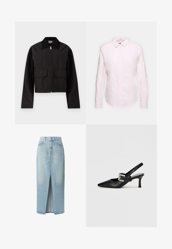 Sort cropped jakke med foran lynlås, to store klaplommer og en bred manchet i ribstof.; Lyserød langærmet skjorte med button-down krave, der har en lige kant og blød tekstur, lavet af letvægts bomuldsstof.; Lys blå denimnederdel med en fortil åbning, fem lomme-design og bæltestropper. Fremstillet af bomuld med en glat tekstur og let falmede detaljer.; Sort lædersko med slingback, spids tå, lille hæl og spænde med rhinsten. Glat tekstur, minimalistisk design.