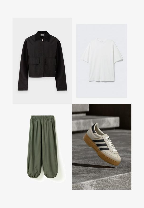 Veste noire raccourcie avec fermeture éclair à l'avant, deux grandes poches à rabat, et un large col en velours côtelé.; T-shirt blanc surdimensionné en coton à manches courtes avec col rond et une petite étiquette de marque à l'intérieur du col.; Pantalon ample vert olive avec taille élastique et bas froncés, en tissu léger.; Baskets en daim beige avec des rayures noires, des lacets blancs et une semelle en caoutchouc gomme. Présente un logo "SPEZIAL" sur le côté.