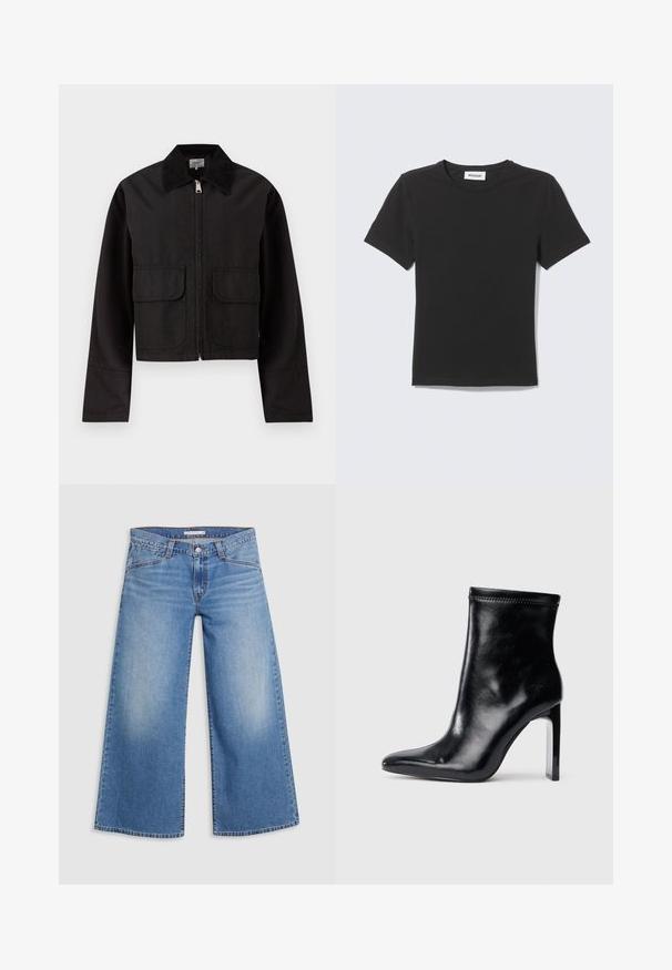 Schwarze verkürzte Jacke mit Reißverschluss vorne, zwei großen Klappentaschen und einem breiten Cordkragen.; Schwarzes kurzärmeliges T-Shirt mit Rundhalsausschnitt, flach liegend mit kleinem weißem Etikett innen im Kragen vor hellem Hintergrund.; Hellblaue weite Jeans aus Denim, mit hoher Taille, klassischem Fünf-Taschen-Design und sanften Ausbleichungen entlang der Beine.; Schwarze Lederstiefelette mit spitzem Zeh und hohem, transparentem Absatz. Glatte Oberfläche und minimales Nähdetail an der Oberseite.