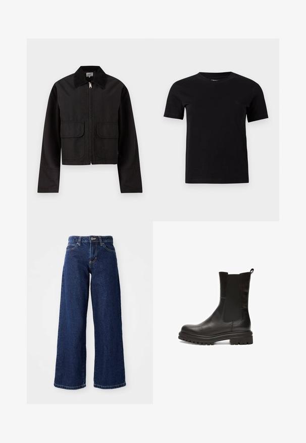 Zwarte cropped jas met ritssluiting aan de voorkant, twee grote kleppen zakken en een brede ribfluwelen kraag.; Effen zwart T-shirt met korte mouwen en een ronde hals, met een subtiel logo op de linkerborst, weergegeven op een neutrale grijze achtergrond.; Donkerblauwe wijde spijkerbroek van denim, met een knoop- en ritssluiting, riemlussen en klassieke vijf-pocketontwerp.; Zwarte leren enkellaarsjes met elastische zijkanten, ronde neus en een dikke, gestructureerde rubberen zool met diepe groeven voor extra grip.