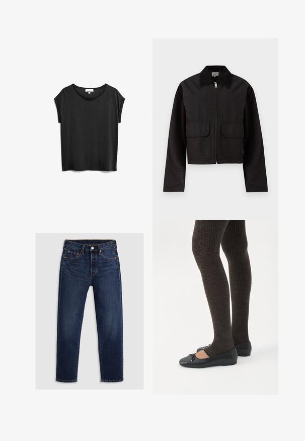Zwarte cropped jas met ritssluiting aan de voorkant, twee grote kleppen zakken en een brede ribfluwelen kraag.; Zwart t-shirt met korte mouwen, gemaakt van zachte stof, met een ronde halslijn en een comfortabele pasvorm met opgerolde mouwen.; Donkerblauwe spijkerbroek met een rechte pijpdesign. Voorzien van een ritssluiting met knoopsluiting, vijf zakken en contrasterende stiksels.; Benen met donkere geribbelde leggings gecombineerd met zwarte ballerina's met kleine strikdetails op een witte achtergrond.