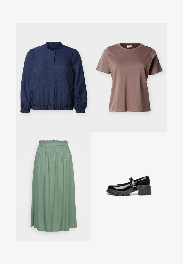 Marineblå langærmet jakke med rund halsudskæring, elastiske manchetter og kant, skjult lukning foran og tekstureret stof.; Kortærmet, rundhalset T-shirt i mauve-brun bomuld med en løs pasform vist mod en ensfarvet lys baggrund.; Grøn midi-nederdel med en samlet elastisk talje, glat tekstur og flodende design, der har en let A-form og ingen mønstre.; Sort patentlæder Mary Jane sko med en kraftig hæl, rund tå og en rem med detajler i form af en hjerteformet spænde.