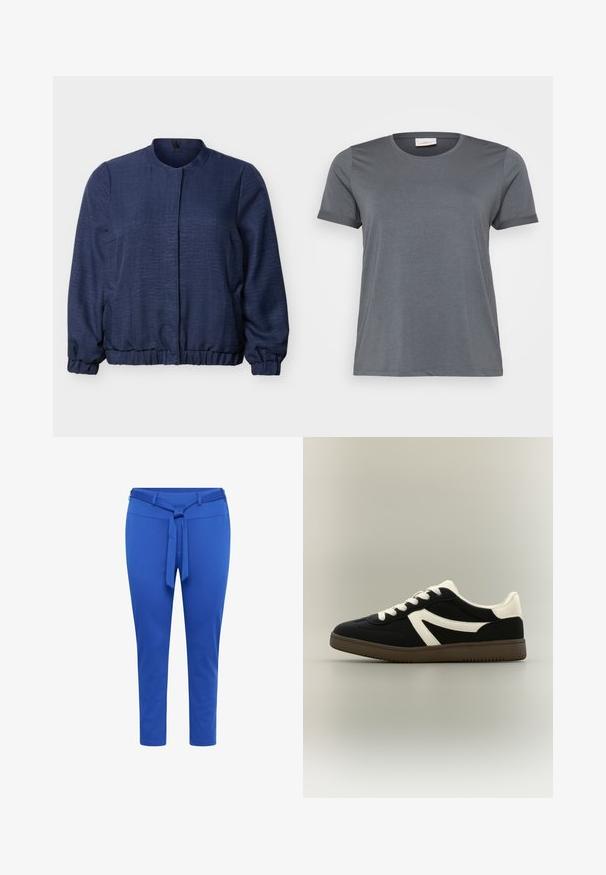 Veste bleu marine à manches longues avec encolure ronde, poignets et ourlet élastiques, fermeture avant cachée et tissu texturé.; T-shirt gris à manches courtes en tissu doux, avec un col rond classique et des manches retroussées. Texture lisse sans motifs visibles.; Pantalons fuselés bleu en tissu extensible avec une taille ceinturée, présentant une texture lisse et une longueur mi-mollet.; Baskets noir et blanc présentant une texture semblable au daim, un design profil bas, des lacets plats, et une semelle en caoutchouc avec une accroche à motif.