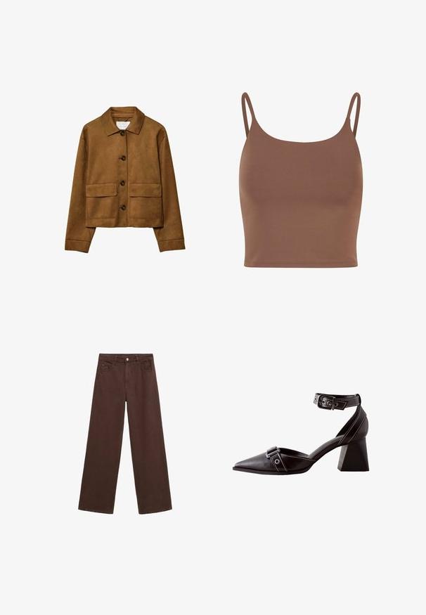 Semišová hnedá skracovaná bunda s ostrým golierom, dvoma prednými vreckami a zaoblenými gombíkmi. Hladká textúra a štruktúrovaný dizajn.; Hnedý crop top vyrobený z hladkej látky s tenkými, nastaviteľnými ramienkami. Má zaoblený výstrih a priliehavý strih.; Hnedé široké nohavice vyrobené z denimu, s gombíkovým zapínaním, pútkami na opasok a prednými vreckami. Hladká textúra s rovnomernou farbou.; Čierna kožená dámska obuv na opätku so špicatou špičkou, blokovým opätkom a nastaviteľnými remienkami na členku a vpredu s kovovými prackami a okami.