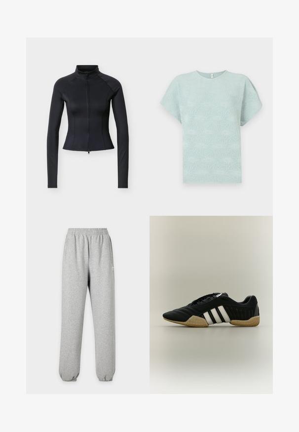 Veste noire ajustée à manches longues avec col montant et fermeture éclair frontale, posée devant un fond uni gris clair.; T-shirt bleu clair avec un motif floral texturé, col rond et manches courtes et larges. Confectionné dans un tissu doux et respirant.; Pantalon de survêtement gris clair avec taille et poignets élastiques, poches latérales et petit logo blanc sur la partie supérieure de la cuisse.; Chaussure de sport noire avec des bandes blanches et une semelle beige texturée sur un fond neutre, vue de profil.