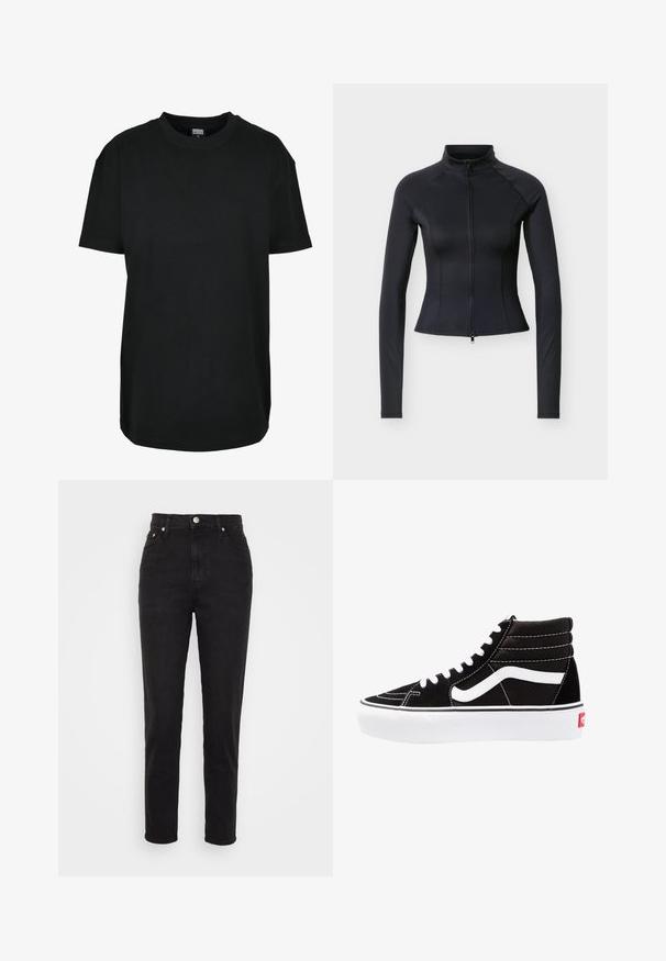 Schwarze, enganliegende Jacke mit langen Ärmeln, hohem Kragen und Reißverschluss vorne, vor einem schlichten hellgrauen Hintergrund stehend.; Schwarzes T-Shirt mit kurzen Ärmeln und Rundhalsausschnitt in Größe XS mit dem Etikett "Urban Classics" innen am Kragen.; Schwarze hoch geschnittene Slim-Fit-Jeans mit Frontknopf, Gürtelschlaufen und Fünf-Taschen-Design auf weißem Hintergrund.; Schwarze High-Top-Sneaker mit weißen Schnürsenkeln, einem weißen Logo und kontrastierendem weißen Nähten. Verfügt über eine dicke weiße Sohle und ein strukturiertes Wildleder-Obermaterial.