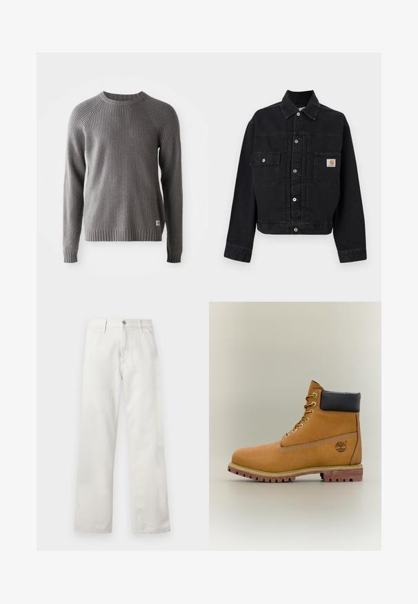 Schwarze Jeansjacke mit Knopfleiste, zwei vorderen Klappentaschen, davon eine mit Carhartt-Logo-Patch, und klassischem Kragen.; Grauer, gerippter Strickpullover mit langen Ärmeln und Rundhalsausschnitt. Mit einer strukturierten Oberfläche und einem kleinen Logopatch am Saum.; Herren Straight-Leg weiße Denim-Jeans mit Knopf- und Reißverschluss, Gürtelschlaufen und Vordertaschen.; Brauner Leder-Stiefelette mit schwarzem Kragen, gelben Schnürsenkeln und hellbrauner Sohle. Verfügt über ein Logo und weiße Ziernähe. Robuste Profilsohle.