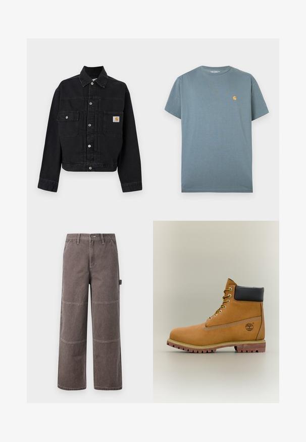 Veste en denim noire boutonnée avec deux poches à rabat à l'avant, dont une avec un écusson du logo Carhartt, et un col classique.; T-shirt Carhartt bleu à manches courtes avec petit logo jaune sur la poitrine gauche, posé à plat sur fond blanc.; Pantalons larges de couleur marron délavée, fabriqués en tissu durable avec des coutures contrastées. Présente des détails en panneaux et une poche latérale.; Bottine en cuir marron avec col noir, lacets jaunes et semelle beige. Présente un logo et des détails de couture blanche. Semelle extérieure à traction robuste.
