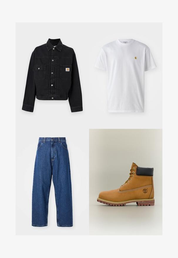 Sort denimjakke med knapper, to forlommer med klap, hvoraf den ene har et Carhartt-logo, og en klassisk krave.; Hvid bomulds t-shirt med korte ærmer, rund hals og et lille guld logo på venstre brystområde. Blød tekstur og almindelig pasform.; Denimwide-leg jeans i mørkeblå. Har høj talje, bæltestropper og klassisk fem-lommers design. Syet kant med en ren finish.; Brun læderankelstøvle med sort krave, gule snørebånd og tanfarvet sål. Har logo og hvide syninger som detalje. Robust ydersål med greb.