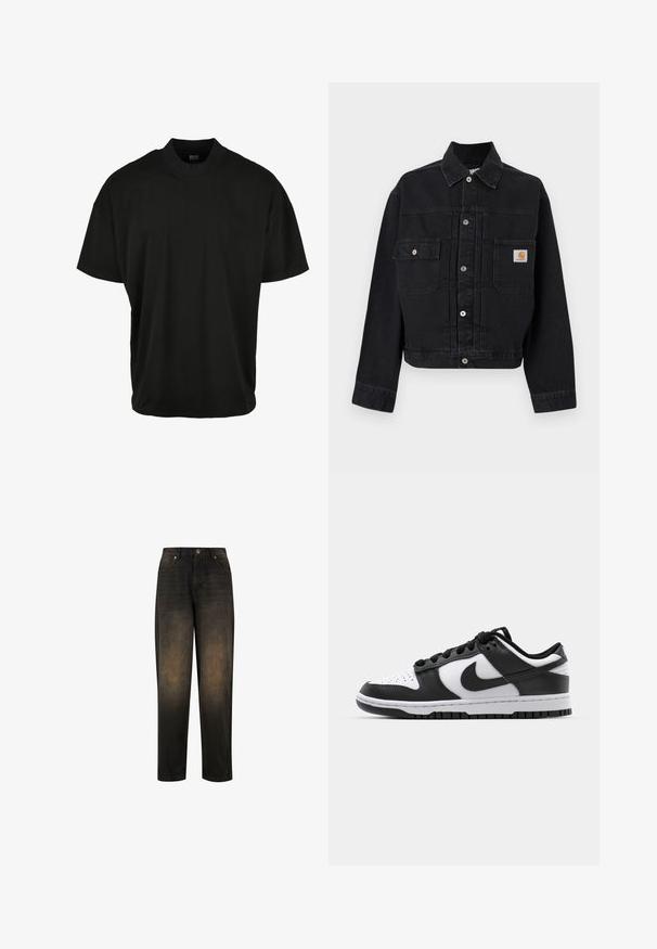 Sort denimjakke med knapper, to forlommer med klap, hvoraf den ene har et Carhartt-logo, og en klassisk krave.; Sort kortærmet T-shirt med rund halsudskæring, lavet af blødt stof, med en afslappet pasform og uden synlige mønstre eller accenter.; Mørk denim jeans med en let falmet finish, der har lige ben, fem lomme-design og metalknap lukning.; Sort og hvid Nike Dunk sneakers med læderoverdel, perforeret tå, sorte snørebånd og en sort gummisål med slidbanedesign.