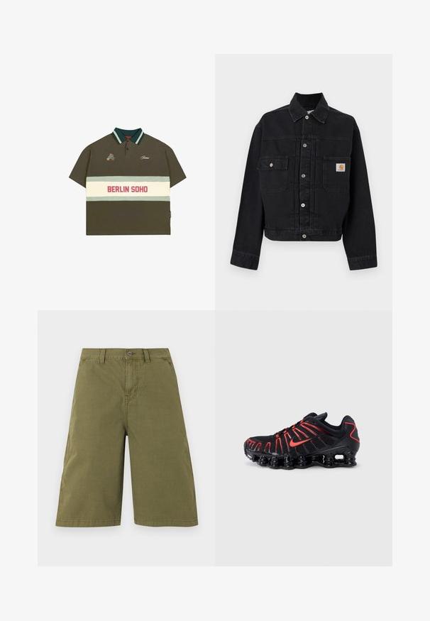 Sort denimjakke med knapper, to forlommer med klap, hvoraf den ene har et Carhartt-logo, og en klassisk krave.; Oliven grøn poloshirt med korte ærmer, stribet krave i grøn og lyseblå, med et hvidt bånd med "BERLIN SOHO" i rød.; Olivengrønne knælange shorts med bæltestropper, forreste knap, lynlås og sidelommer, vist på hvid baggrund.; Sorte atletiksko med røde detaljer, der har en struktureret mesh-overdel, et unikt bølget design og en formstøbt polstret sål.