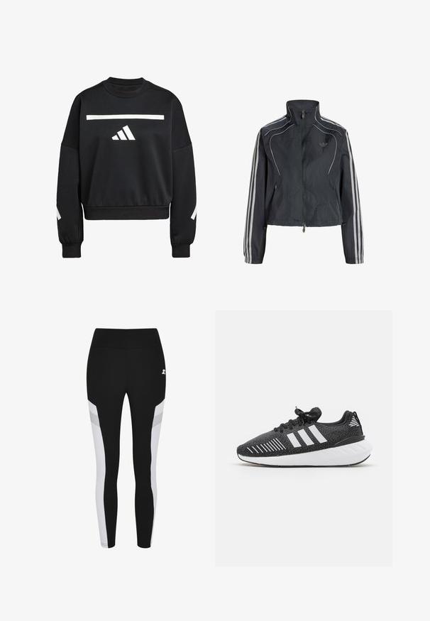 Veste coupe-vent noire zippée avec col haut, bandes blanches sur les manches et logo discret sur le côté gauche de la poitrine.; Sweatshirt noir en mélange de coton, avec une bande horizontale blanche et trois rayures blanches sur la manche gauche, col rond.; Leggings noirs avec des panneaux blancs et gris clair sur les côtés, fabriqués en tissu extensible avec une texture douce. Logo sur la taille.; Chaussures de sport noires avec un dessus texturé, design à trois bandes blanches, semelle en caoutchouc et accents blancs contrastants sur le talon.