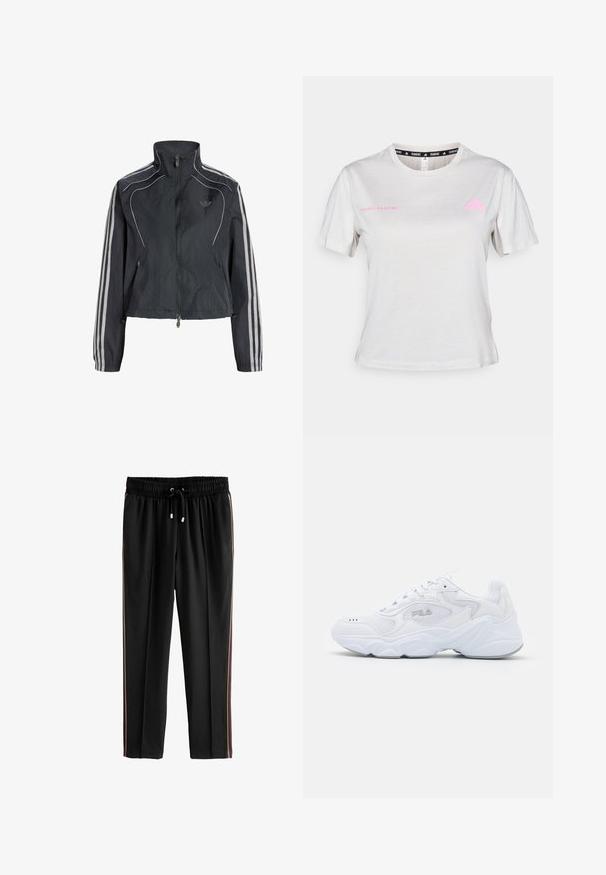 Veste coupe-vent noire zippée avec col haut, bandes blanches sur les manches et logo discret sur le côté gauche de la poitrine.; T-shirt gris clair à manches courtes avec un col rond, "ADIDAS RUNNING" imprimé en rose, avec le logo Adidas rose sur la poitrine. Texture de tissu doux.; Next PETITE - Pantalon de survêtement - black; Baskets blanches avec une tige en mesh texturé, un col rembourré et une semelle épaisse. Présente un logo sur le côté et un système de laçage.