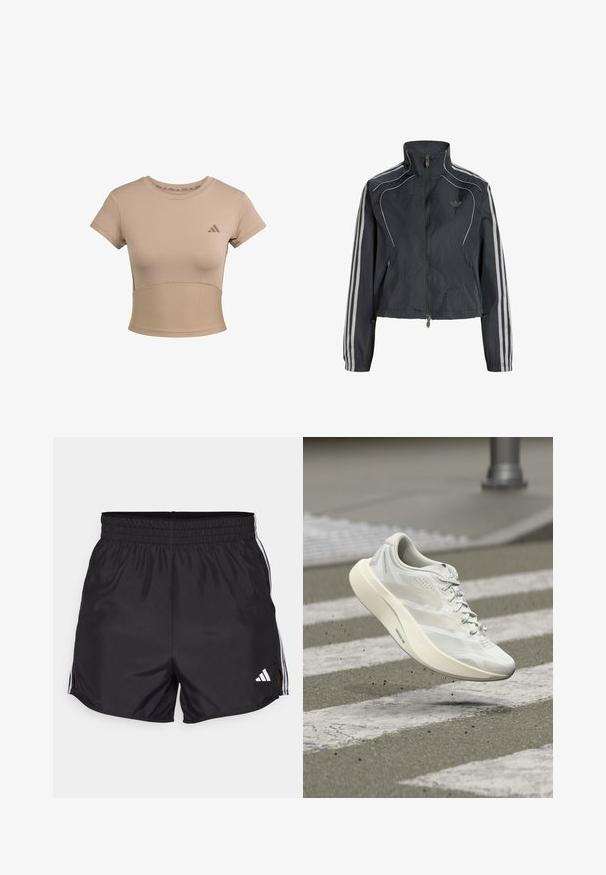 Sort lynlåslukningsvindjakke med høj krave, hvide striber ned ad ærmerne og subtilt logo på venstre bryst.; Beige sports cropped t-shirt med korte ærmer, ribbet nederste del og subtilt logo på brystet. Glat tekstur, tætsiddende design.; Sort atletiske shorts med elastisk talje, sideslids og hvide tre-stribes detaljer. Har et lille hvidt logo nederst til højre.; Hvid sportssko i luften over et fodgængerfelt på en grå asfaltvej med små affaldsstykker spredt nedenunder.