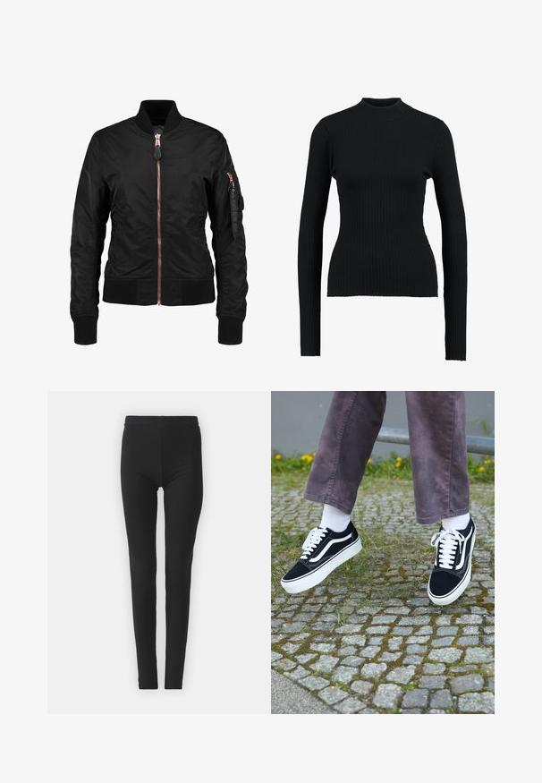 Čierna bomber bunda s hladkým, lesklým povrchom, so zapínaním na zips vpredu, rebrovanými manžetami a zipsovou kapsou na rukáve. Ružovo-zlaté akcenty.; Čierny rebrovaný rolák s dlhými rukávmi a priliehavým strihom, s hladkou textúrou a štruktúrovanou siluetou.; Čierne, elastické legíny s tesným strihom, so zvýšeným pásom a hladkým povrchom. Žiadne viditeľné vzory ani hardvérové detaily.; Čierne semišové tenisky s bielymi akcentmi, s okrúhlou špičkou, hrubou bielou podrážkou a klasickým šnurovacím dizajnom, kombinované s bielymi ponožkami a fialovými nohavicami.