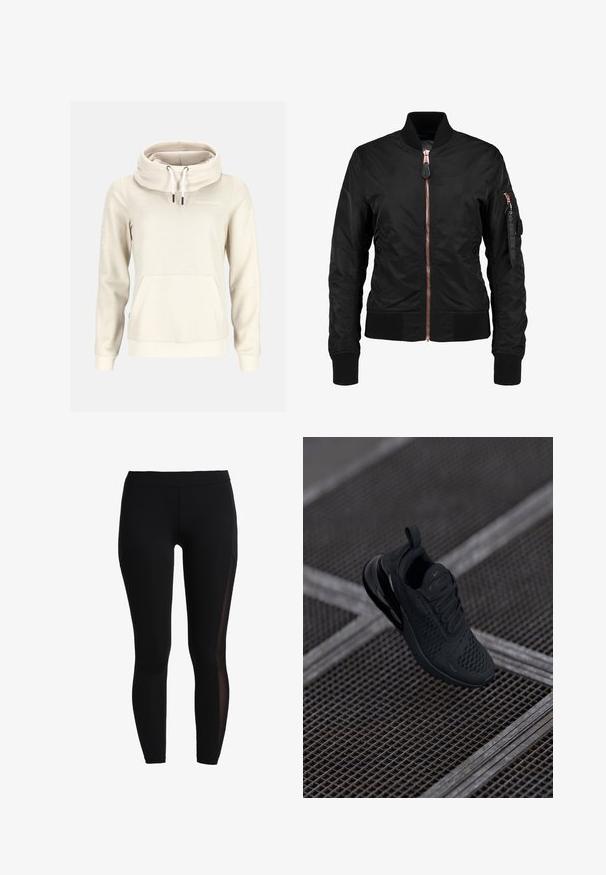 Veste bomber noire avec une texture lisse et brillante, dotée d'une fermeture éclair sur le devant, de poignets côtelés et d'une poche zippée sur la manche. Accents en or rose.; Sweat à capuche beige à manches longues, col montant, cordons blancs, poche kangourou sur le devant et petit logo "Swedemount" sur la poitrine.; Leggings noirs en tissu extensible avec une texture lisse. Présente des panneaux en mesh sur les côtés, offrant un élément de design contrastant.; Baskets de sport noires avec une tige en mesh, un col matelassé et une semelle en caoutchouc. Dotées d'un logo swoosh distinctif et de détails texturés.