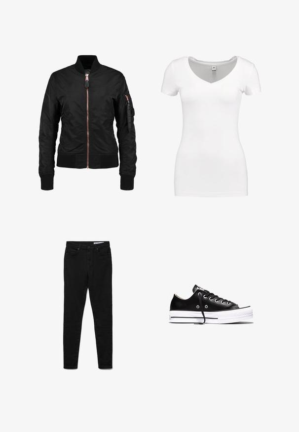 Zwarte bomberjack met een gladde, glanzende textuur, voorzien van een vooraanstaande rits, geribbelde manchetten en een ritszak op de mouw. Roze gouden accenten.; G-STAR BASE - T-shirt basic - white; Zwarte denim jeans met een slanke pasvorm, voorzien van een taille op middenhoogte, vijf zakken, metalen knoopsluiting en subtiele stiksel-details.; Zwarte lage sneaker met witte rubberen zool, zwarte veters en zilveren veterogen, zijaanzicht op een witte achtergrond.