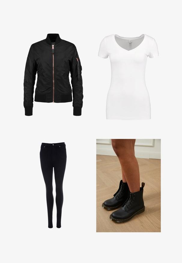 Schwarze Bomberjacke mit glatter, glänzender Textur, ausgestattet mit einem Reißverschluss vorne, gerippten Bündchen und einer Reißverschlusstasche am Ärmel. Akzente in Roségold.; G-STAR BASE - T-Shirt basic - white; Schwarze hoch taillierte Skinny-Jeans mit vorderem Knopf und Reißverschluss, vorderen und hinteren Taschen, präsentiert vor weißem Hintergrund.; Schwarze Leder-Stiefeletten mit Reißverschluss und Schnürdesign, ausgestattet mit gelben Nähten und einer dicken, strukturierten Sohle.