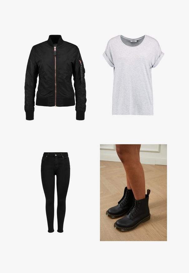 Schwarze Bomberjacke mit glatter, glänzender Textur, ausgestattet mit einem Reißverschluss vorne, gerippten Bündchen und einer Reißverschlusstasche am Ärmel. Akzente in Roségold.; Helles graues T-Shirt mit kurzen Ärmeln und rundem Ausschnitt, mit umgeschlagenen Bündchen, aus weichem Stoff gefertigt, mit lockerem Schnitt und minimalistischem Design.; Schwarze hochtaillierte Skinny-Jeans mit vorderem Knopf, Gürtelschlaufen und Fünf-Taschen-Design, vor einem weißen Hintergrund gezeigt.; Schwarze Leder-Stiefeletten mit Reißverschluss und Schnürdesign, ausgestattet mit gelben Nähten und einer dicken, strukturierten Sohle.