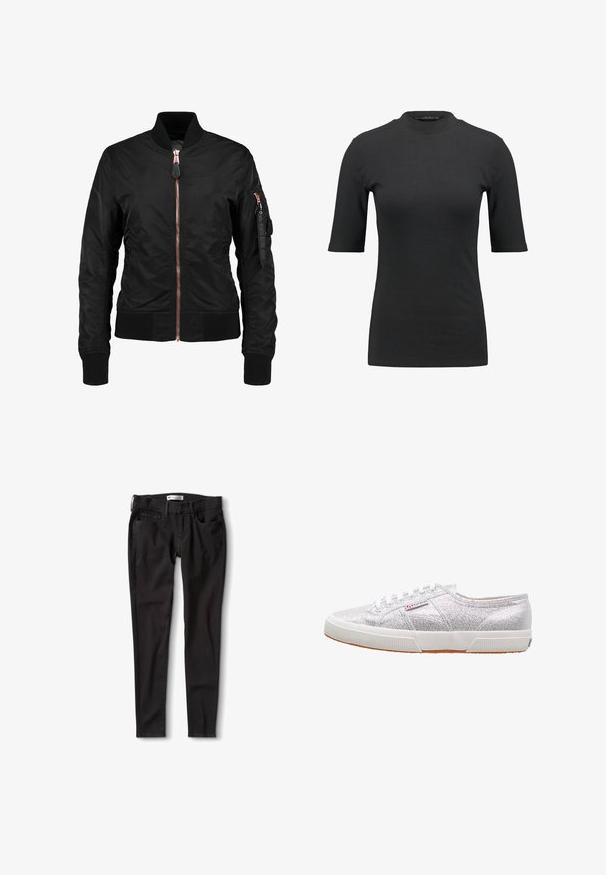 Veste bomber noire avec une texture lisse et brillante, dotée d'une fermeture éclair sur le devant, de poignets côtelés et d'une poche zippée sur la manche. Accents en or rose.; T-shirt noir à côtes avec un col montant et des manches courtes. Design lisse et ajusté sans motifs ni détails matériels visibles.; Jeans en denim noir avec une coupe droite, dotés d'une taille standard, de passants de ceinture et de deux poches avant. Texture lisse, matériel minimal.; Baskets à paillettes argentées avec une semelle en caoutchouc blanche, présentant un bout arrondi, un design à lacets, et une étiquette logo sur le côté.