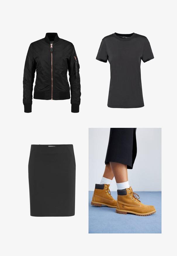 Sort bomberjakke med en glat, blank overflade, der har en frontlynlås, ribbede manchetter og en lynlåslomme på ærmet. Rosaguld detaljer.; Sort kortærmet t-shirt lavet af glat stof. Har en rund halsudskæring uden synlige mønstre eller detaljer, hvilket giver et enkelt design.; Sort knælængde pencilskørt med lige pasform og lynlås i siden.; Tan ruskindsankelstøvler med brune læderdetaljer, guldøjer og en struktureret sål. Hvide sokker synlige over støvlerne.