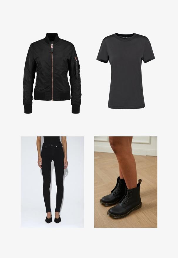 Zwarte bomberjack met een gladde, glanzende textuur, voorzien van een vooraanstaande rits, geribbelde manchetten en een ritszak op de mouw. Roze gouden accenten.; Zwarte korte mouwen t-shirt gemaakt van een gladde stof. Heeft een ronde hals zonder zichtbare patronen of accenten, wat zorgt voor een eenvoudig ontwerp.; Persoon die zwarte skinny jeans met hoge taille en zwarte puntige pumps draagt, staand tegen een effen witte achtergrond.; Zwarte leren enkelboots met een ritssluiting en veters, gekenmerkt door gele stiksels en een dikke, gestructureerde zool.