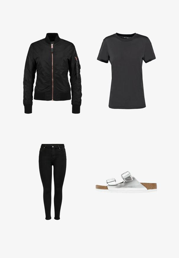 Schwarze Bomberjacke mit glatter, glänzender Textur, ausgestattet mit einem Reißverschluss vorne, gerippten Bündchen und einer Reißverschlusstasche am Ärmel. Akzente in Roségold.; Schwarzes T-Shirt mit kurzen Ärmeln aus glattem Stoff. Verfügt über einen Rundhalsausschnitt ohne sichtbare Muster oder Akzente und bietet ein einfaches Design.; Schwarze hochtaillierte Skinny-Jeans mit vorderem Knopf, Gürtelschlaufen und Fünf-Taschen-Design, vor einem weißen Hintergrund gezeigt.; Silberne metallische Sandale mit zwei verstellbaren Riemen, Korkfußbett und weißer Sohle. Glatte Oberfläche mit glänzendem Finish.
