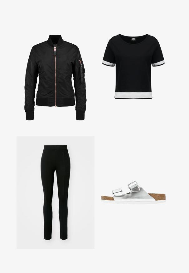 Chaqueta bomber negra con una textura lisa y brillante, que presenta un cierre frontal de cremallera, puños acanalados y un bolsillo con cremallera en la manga. Acentos en oro rosado.; Camiseta negra corta con mangas cortas, que presenta detalles de malla blanca en las mangas y el dobladillo. Tela suave; escote redondeado.; Leggings negros de material elástico, con cintura alta, corte ajustado y dos bolsillos frontales sin costuras visibles.; Sandalia metálica plateada con dos correas ajustables, planta de corcho y suela blanca. Superficie superior suave con un acabado brillante.