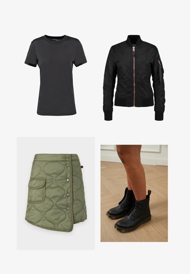 Μαύρο bomber jacket με λεία, γυαλιστερή υφή, διαθέτει μπροστινό φερμουάρ, ριμπ μανσέτες και τσέπη με φερμουάρ στο μανίκι. Ροζ χρυσές λεπτομέρειες.; Μαύρο κοντομάνικο μπλουζάκι από απαλό ύφασμα. Διαθέτει στρογγυλή λαιμόκοψη χωρίς ορατά σχέδια ή λεπτομέρειες, προσφέροντας έναν απλό σχεδιασμό.; Πετσετέ φούστα ελιάς σε στιλ περιτυλίγματος, με πλευρική τσέπη, κουμπιά snap και λεία, ελαφρώς γυαλιστερή υφή.; Μαύρες δερμάτινες μπότες μέχρι τον αστράγαλο με φερμουάρ και σχέδιο κορδόνια, με κίτρινες ραφές και παχύ, υφασματοποιημένο σόλο.