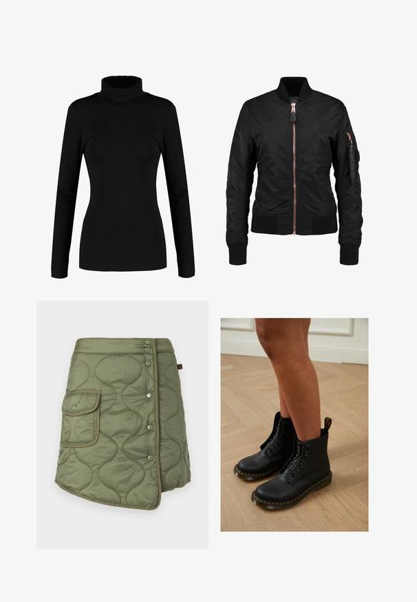 Veste bomber noire avec une texture lisse et brillante, dotée d'une fermeture éclair sur le devant, de poignets côtelés et d'une poche zippée sur la manche. Accents en or rose.; Haut à col roulé noir à manches longues, fabriqué en tissu doux et extensible, avec une coupe ajustée et un col haut. Pas de motifs ni d'ornements.; Jupe olive verte matelassée avec un design enroulé, dotée d'une poche latérale, de boutons-pression et d'une texture lisse et légèrement brillante.; Bottines en cuir noir avec fermeture éclair et design à lacets, arborant des coutures jaunes et une semelle épaisse et texturée.