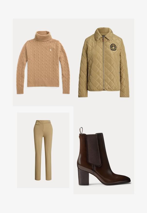 Beige gesteppte Jacke mit Frontreißverschluss, Druckknopftaschen und gesticktem Wappen auf der linken Brust mit Krone und Lorbeerkranz.; Kamelfarbener, kabelgestrickter Rollkragenpullover mit langen Ärmeln und gerippten Bündchen, mit kleinem besticktem Logo auf der Brust.; Beige Maßhose mit glatter Textur, hoher Taille, zwei dekorativen Knöpfen und einer einzelnen Gesäßtasche. Gerade Beinform.; Dunkelbrauner Leder-Stiefelette mit Blockabsatz und elastischem Seitenteil, mit einer Zuglasche hinten für einfaches Anziehen.