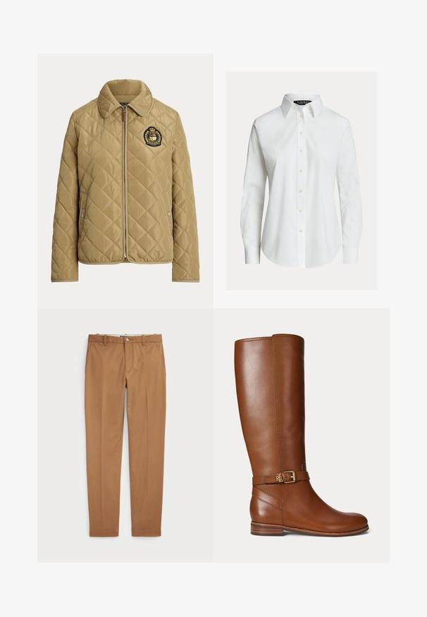 Chaqueta beige acolchada con cremallera frontal, bolsillos con botones a presión y escudo bordado en el pecho izquierdo con una corona y una corona de laurel.; Camisa blanca de manga larga con botones en el frente, cuello puntiagudo y dobladillo ligeramente curvado.; Pantalones de algodón marrón con un diseño ajustado, parte delantera plana y bolsillos estándar; textura suave y puños dobladillos.; Bota marrón de cuero hasta la rodilla con una pequeña hebilla dorada y el logo "RL" en la correa cerca del tobillo, tacón plano y acabado liso.