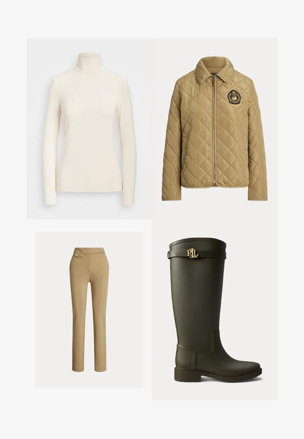 Beige gesteppte Jacke mit Frontreißverschluss, Druckknopftaschen und gesticktem Wappen auf der linken Brust mit Krone und Lorbeerkranz.; Langärmliges Rollkragenoberteil aus weichem, cremefarbenem Stoff. Verfügt über ein körpernahes Design mit einem hohen Kragen und nahtlosen Ärmelsäumen.; Beige Maßhose mit glatter Textur, hoher Taille, zwei dekorativen Knöpfen und einer einzelnen Gesäßtasche. Gerade Beinform.; Hoher dunkelgrüner Gummiregenstiefel mit niedrigem Absatz und goldenem RLL-Logo auf dem Riemen nahe dem oberen Rand.