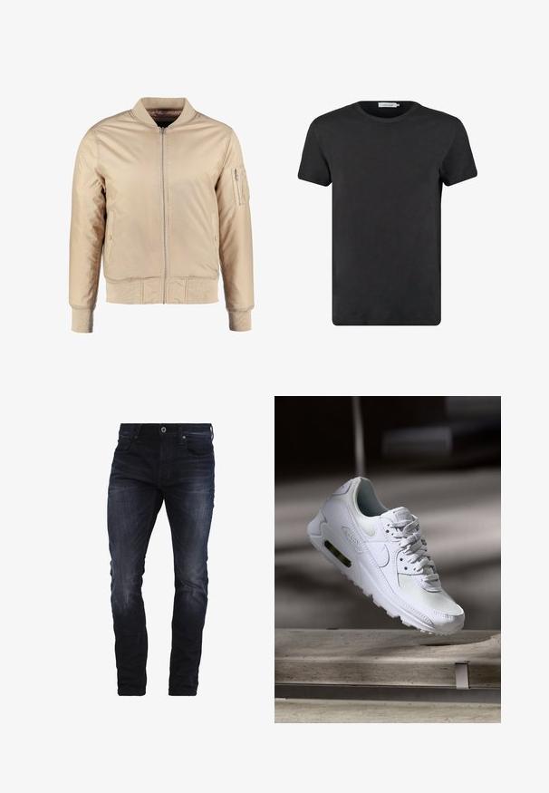Veste bomber beige avec une fermeture éclair à l'avant, un col et des poignets côtelés. Elle dispose de poches latérales et d'une poche zippée sur la manche pour le rangement.; T-shirt en coton noir avec un col rond et des manches courtes. Le tissu a une texture lisse et sans motifs ni accents. Coupe classique.; Jeans slim-fit bleu foncé avec un léger délavage sur les cuisses et les genoux, dotés de poches avant, de passants de ceinture et d'une fermeture à bouton.; Sneaker Nike Air Max 90 blanche avec une tige en mesh et cuir, une boîte à orteils perforée et une unité air visible au talon.