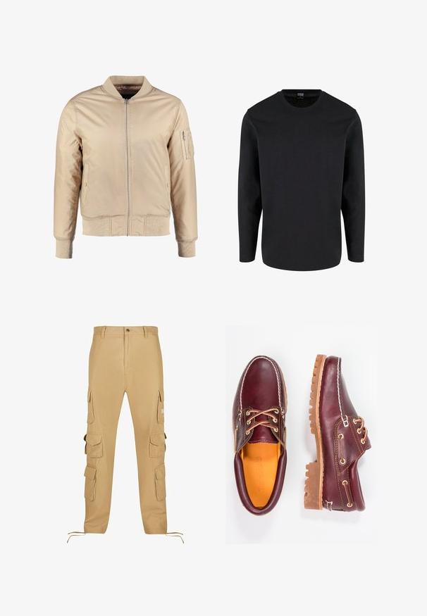 Beige bomberjack met een ritssluiting aan de voorkant, geribde kraag en boorden. Bevat zijzakken en een ritszak op de mouw voor extra opbergruimte.; Zwarte lange mouwen t-shirt gemaakt van zachte katoen, met een ronde halslijn, rechte zoom en een minimalistisch ontwerp zonder patronen of accenten.; Beige cargo broek van stevig materiaal, met meerdere zijzakken, een trekkoord bij de enkels en een knoopsluiting.; Bordeaux leren schoenen met bruine rubberen zolen, ronde neus, witte stiksels en gouden veterogen. Het interieur heeft een gele voering.