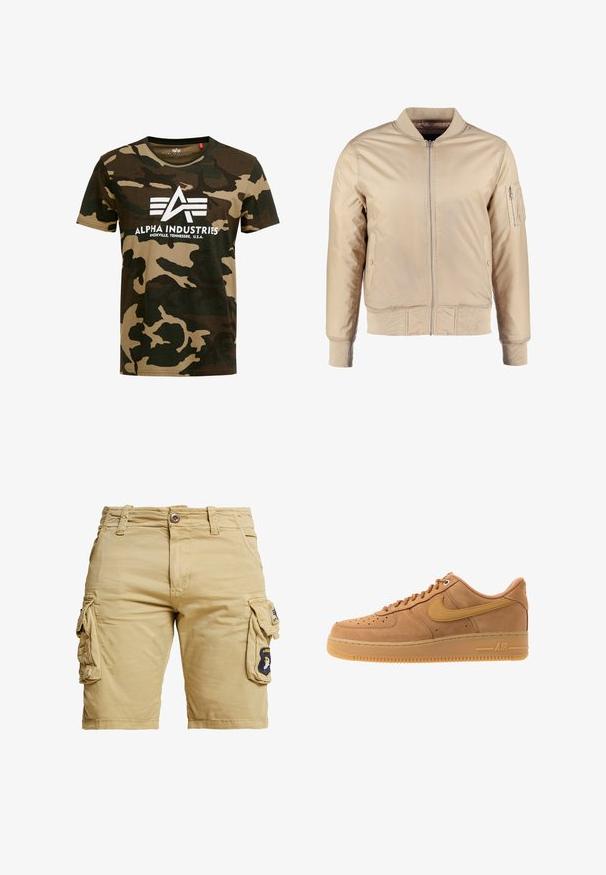 Beige Bomberjacke mit Frontreißverschluss, geripptem Kragen und Bündchen. Verfügt über Seitentaschen und eine mit Reißverschluss verschlossene Armtasche zur Aufbewahrung.; Tarn-T-Shirt in Dunkelgrün und Beige mit Rundhalsausschnitt; bietet ein zentrales weißes Logo mit stilisierten Buchstaben und Text am unteren Rand.; Beige Cargo-Shorts aus Baumwolle, mit zwei Seitentaschen und einem Aufnäher mit einem Emblem auf der rechten Tasche. Mit Knopf- und Reißverschluss.; Nike Sportswear AIR FORCE 1 07 - Sneaker low - flax/wheat/light brown/black/team gold