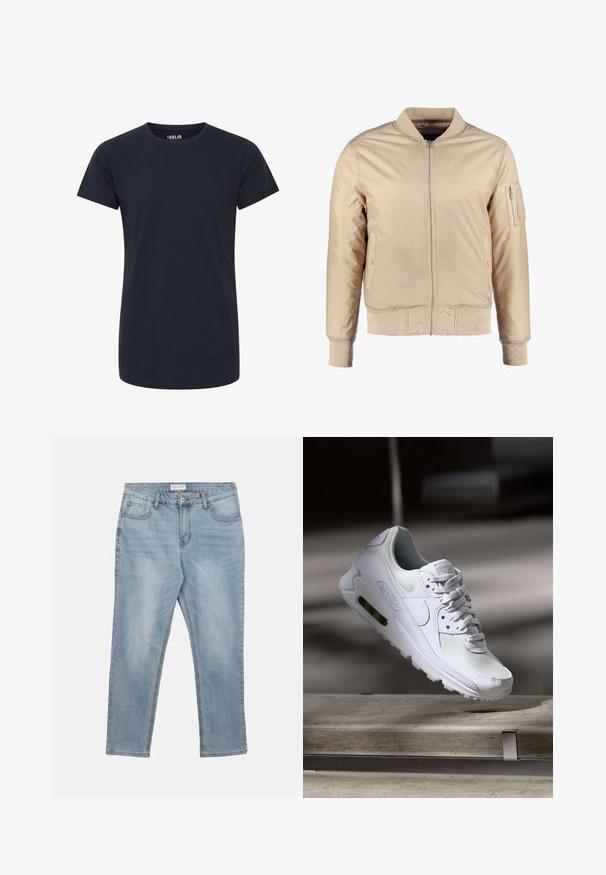 Veste bomber beige avec une fermeture éclair à l'avant, un col et des poignets côtelés. Elle dispose de poches latérales et d'une poche zippée sur la manche pour le rangement.; T-shirt à col rond à manches courtes, de couleur bleu marine uni, avec une coupe slim et sans logos ni motifs visibles.; Jean en denim bleu clair avec bouton et fermeture éclair à l'avant, passants pour ceinture et cinq poches, posé à plat sur un fond blanc.; Sneaker Nike Air Max 90 blanche avec une tige en mesh et cuir, une boîte à orteils perforée et une unité air visible au talon.