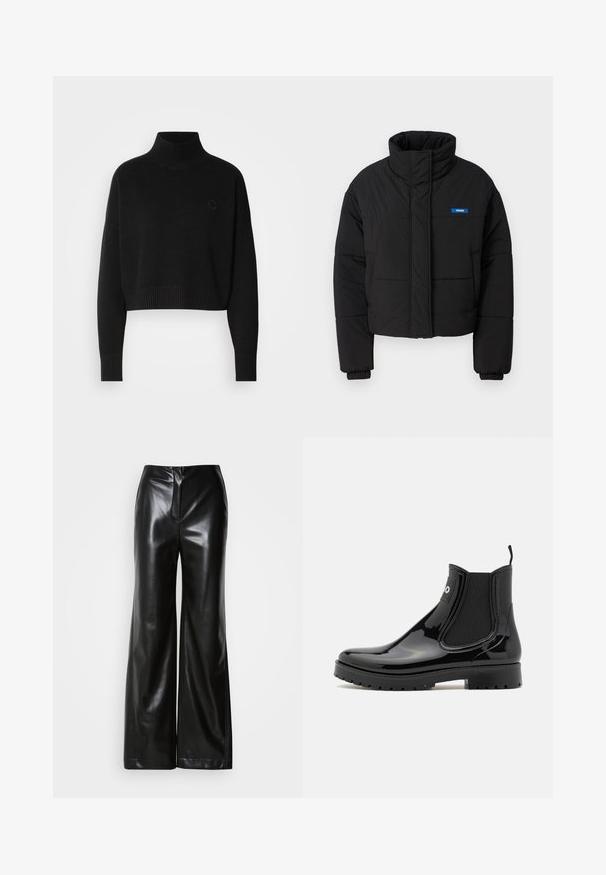 Sort pufferjakke med høj krave, cropped design og elastiske manchetter. Har et blåt "HUGO" logo på venstre bryst.; Sort cropped sweater, ribbede turtleneck, lange ærmer, strikket tekstur, med et lille logo på brystet.; Sorte læder bukser med bred ben, glat tekstur, høj talje og skjult lynlås foran. Skræddersyet pasform med en ren finish.; HUGO TABITA - Gummistøvler - black