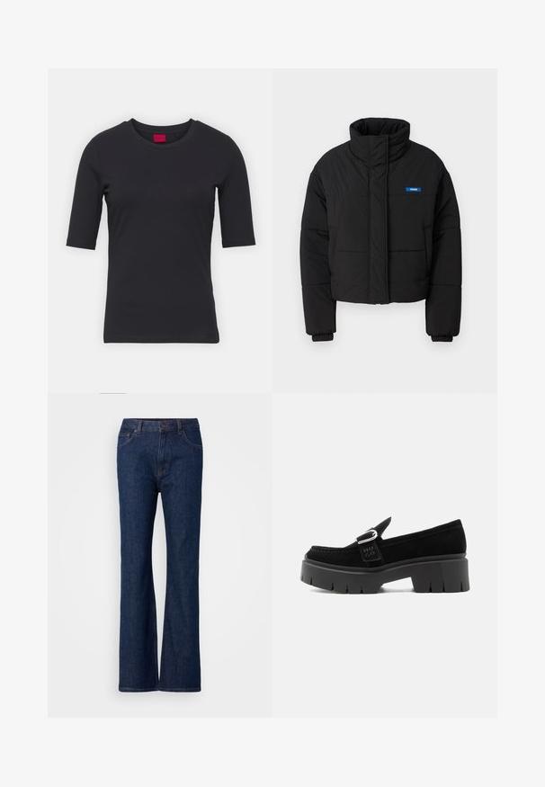 Veste matelassée noire avec un col haut, une coupe courte et des poignets élastiques. Présente un logo bleu "HUGO" sur la poitrine gauche.; T-shirt noir en coton avec manches courtes, col rond et design minimaliste. Présente une étiquette de marque rouge au niveau du col.; Jean en denim bleu évasé avec taille haute, dotés d'une texture lisse, d'une fermeture à bouton en métal et d'un design à cinq poches.; Mocassin en daim noir avec semelle à crampons épaisse, détail boucle argentée et inscription "HUGO" en relief sur la lanière latérale, vu de côté extérieur.