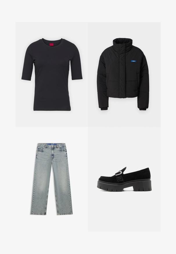 Veste matelassée noire avec un col haut, une coupe courte et des poignets élastiques. Présente un logo bleu "HUGO" sur la poitrine gauche.; T-shirt noir en coton avec manches courtes, col rond et design minimaliste. Présente une étiquette de marque rouge au niveau du col.; Jean large bleu clair en denim, avec des zones délavées, cinq poches et une ceinture bleue à logo.; Mocassin en daim noir avec semelle à crampons épaisse, détail boucle argentée et inscription "HUGO" en relief sur la lanière latérale, vu de côté extérieur.